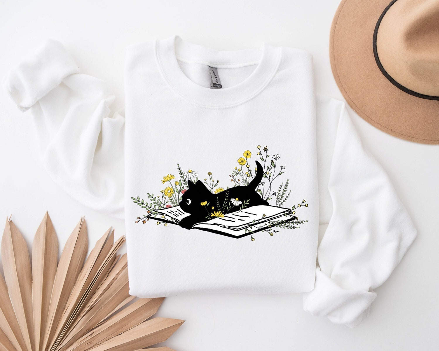 Cute Cat Book Sweatshirt - Bookish and Floral Design for Cat Lovers and Librarians image 1