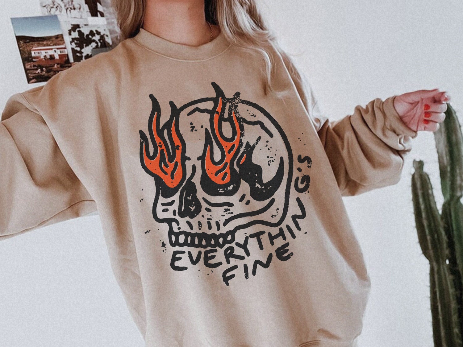 Everything's Fine Unisex Crewneck Vintage Rock n Roll Rebel Grunge Festival Oversized Sweatshirt image 1