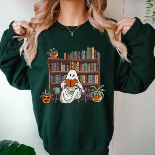 Bookish Ghost Sweater Spooky Library Shirt for Book Lovers Reading Sweatshirt image 0