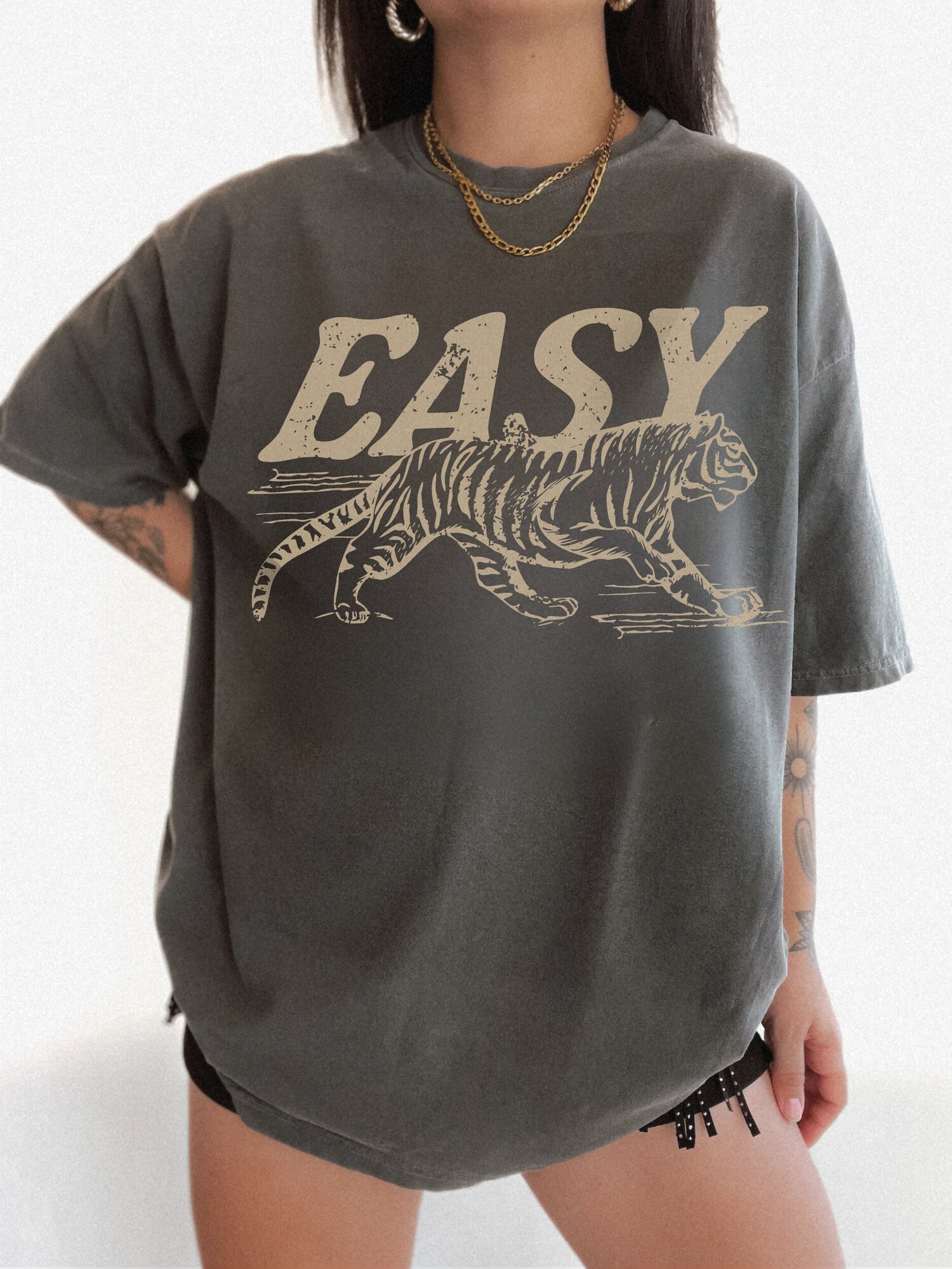 Vintage Inspired Easy Tiger Unisex T-Shirt Retro Festival Clothing Boho Hippie Oversized Tee image 0