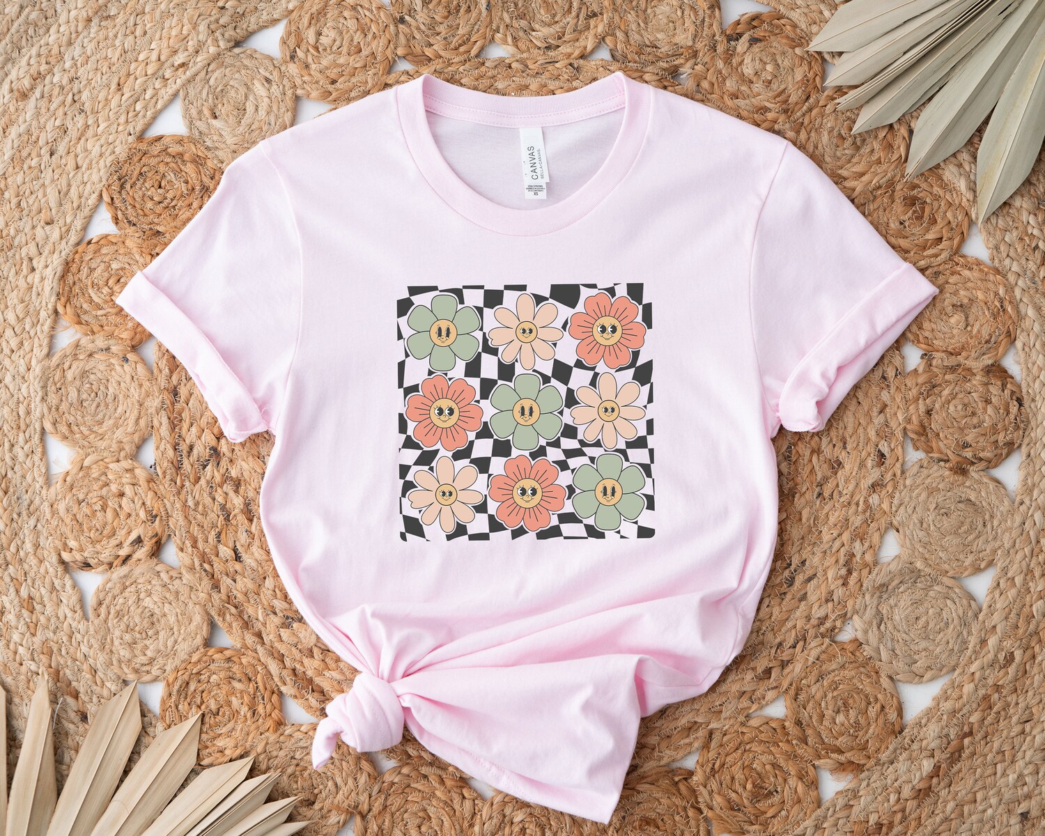 Retro Checkered Flower T-Shirt | Boho Hippie Summer Graphic Tee | Trendy Retro Flowers Shirt image 3