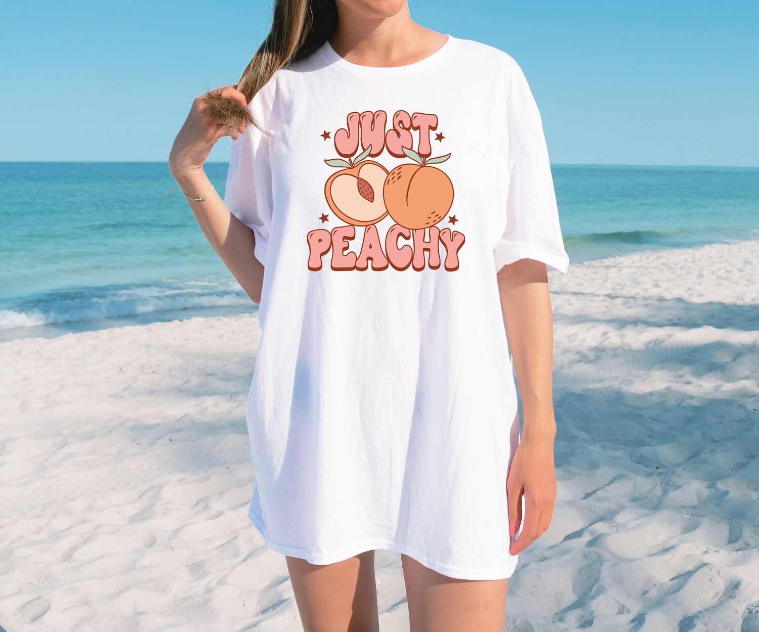 Just Peachy Retro Summer T-Shirt for Women | Cute Peach Lover Gift | Summer Vibes Top image 2