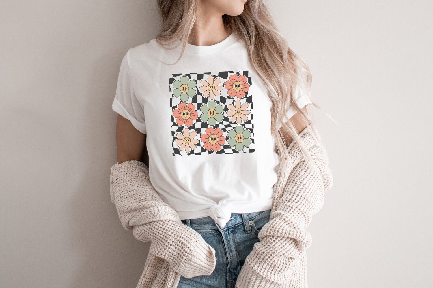 Retro Checkered Flower T-Shirt | Boho Hippie Summer Graphic Tee | Trendy Retro Flowers Shirt image 1