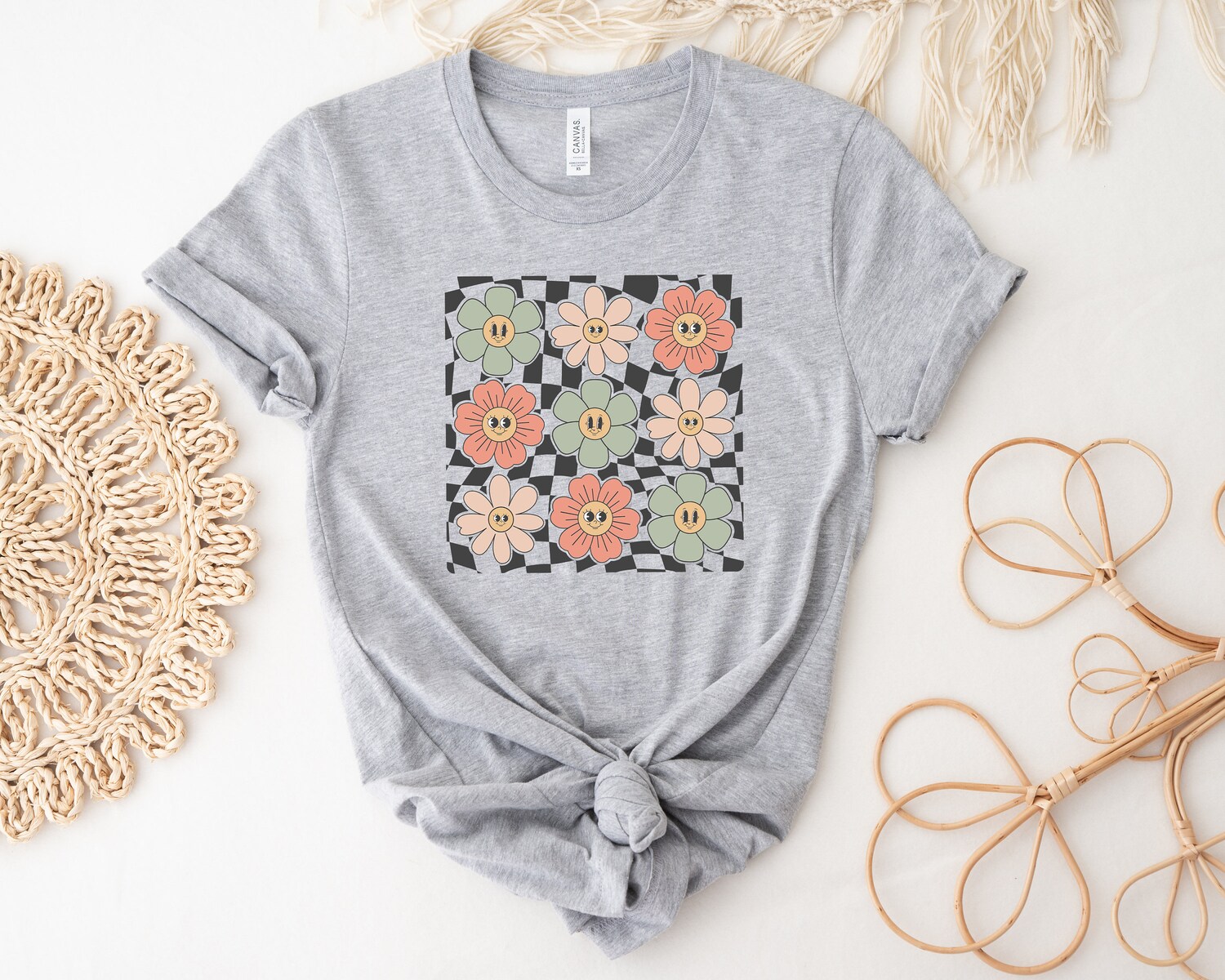 Retro Checkered Flower T-Shirt | Boho Hippie Summer Graphic Tee | Trendy Retro Flowers Shirt image 2