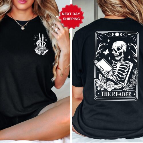 The Reader Tarot Card Skeleton Reading T-Shirt Book Lover Gift for Women Tarot Card Tee image 0