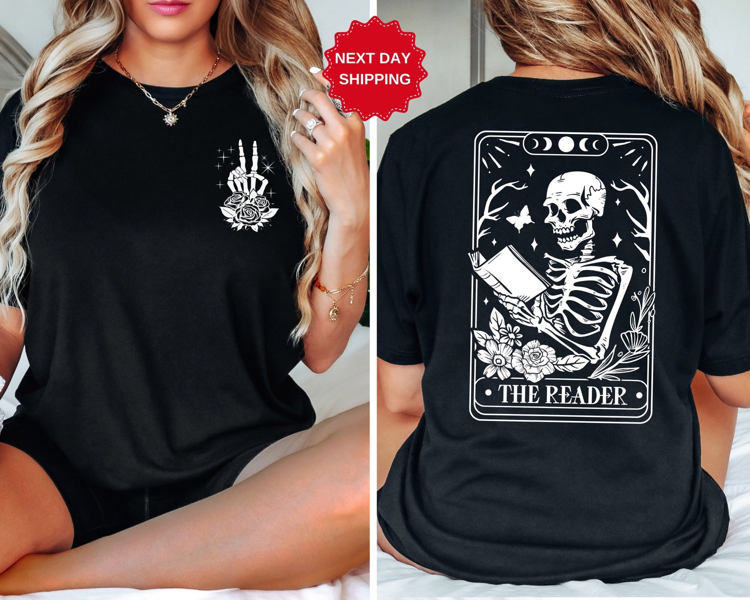 The Reader Tarot Card Skeleton Reading T-Shirt Book Lover Gift for Women Tarot Card Tee image 0