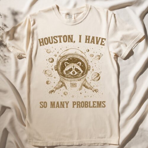 Houston I Have Many Problems Raccoon Vintage Unisex Retro Meme T-Shirt Funny Raccoon Tee image 0