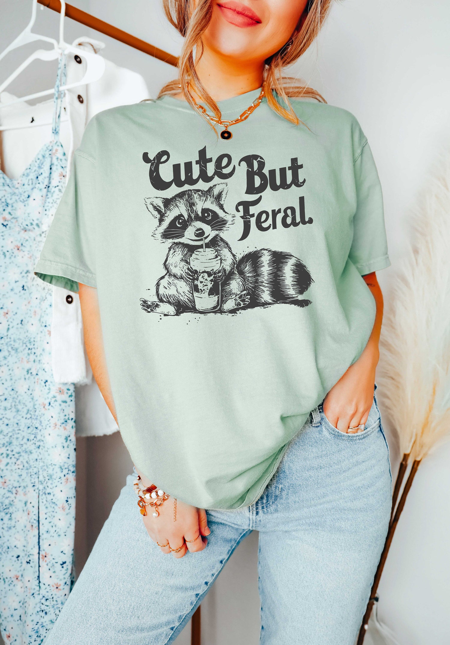 Funny Cute But Feral Raccoon Shirt | Feral Girl Summer | Western Rodeo Cowgirl T-Shirt image 3