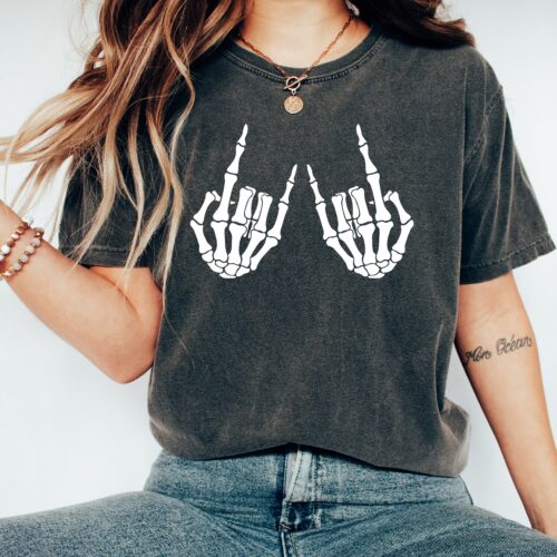 Skeleton Hand Rock T-Shirt Horror Gift Skeleton Shirt Rock and Roll Tee image 0