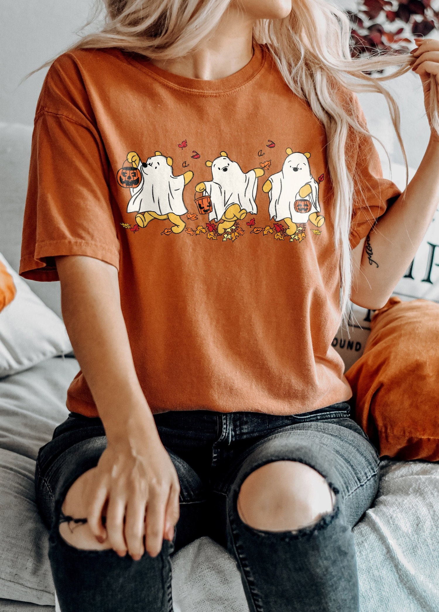Retro Winnie the Pooh Ghost Halloween Shirt | Cute Spooky Season Shirt for Women | Fall Tee image 0