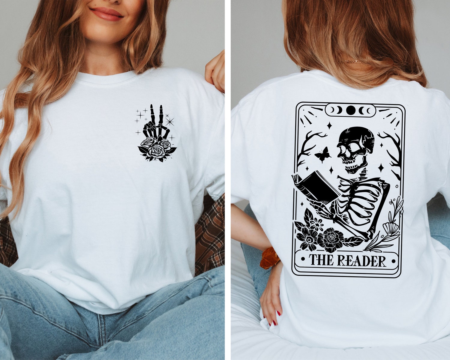 The Reader Tarot Card Skeleton Reading T-Shirt Book Lover Gift for Women Tarot Card Tee image 2