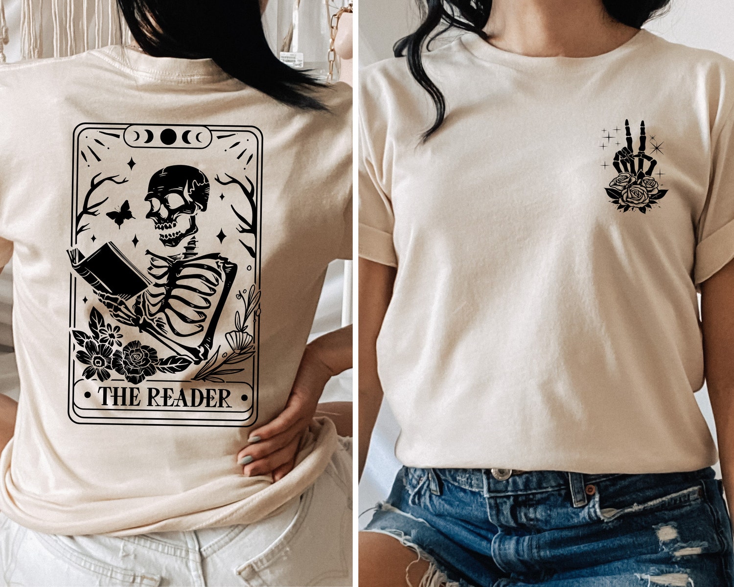 The Reader Tarot Card Skeleton Reading T-Shirt Book Lover Gift for Women Tarot Card Tee image 1