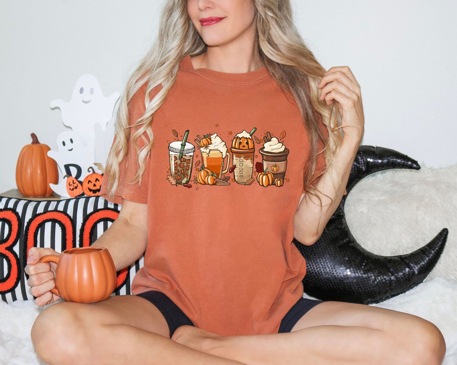 Fall Pumpkin Coffee Shirt | Retro Halloween Latte Tee | Autumn Season Shirt image 1