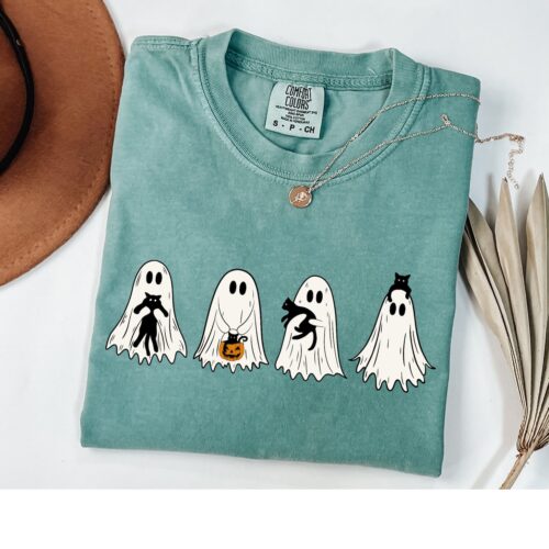 Cute Ghost Black Cats Halloween Shirt Spooky Season Cat Lover Gift image 0