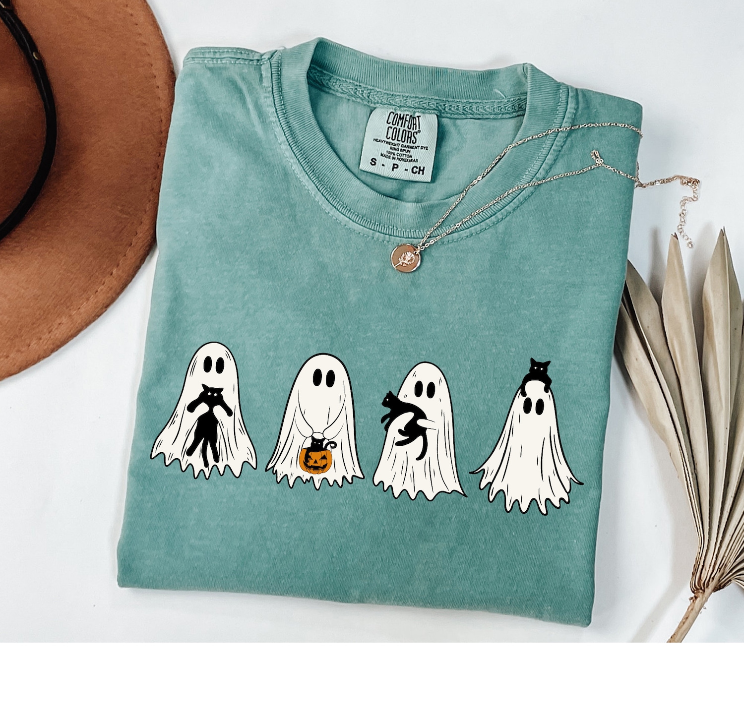 Cute Ghost Black Cats Halloween Shirt Spooky Season Cat Lover Gift image 0
