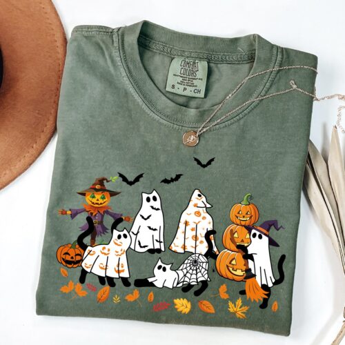 Cute Ghost Cats Halloween Shirt for Cat Lovers Spooky Season Gift image 0