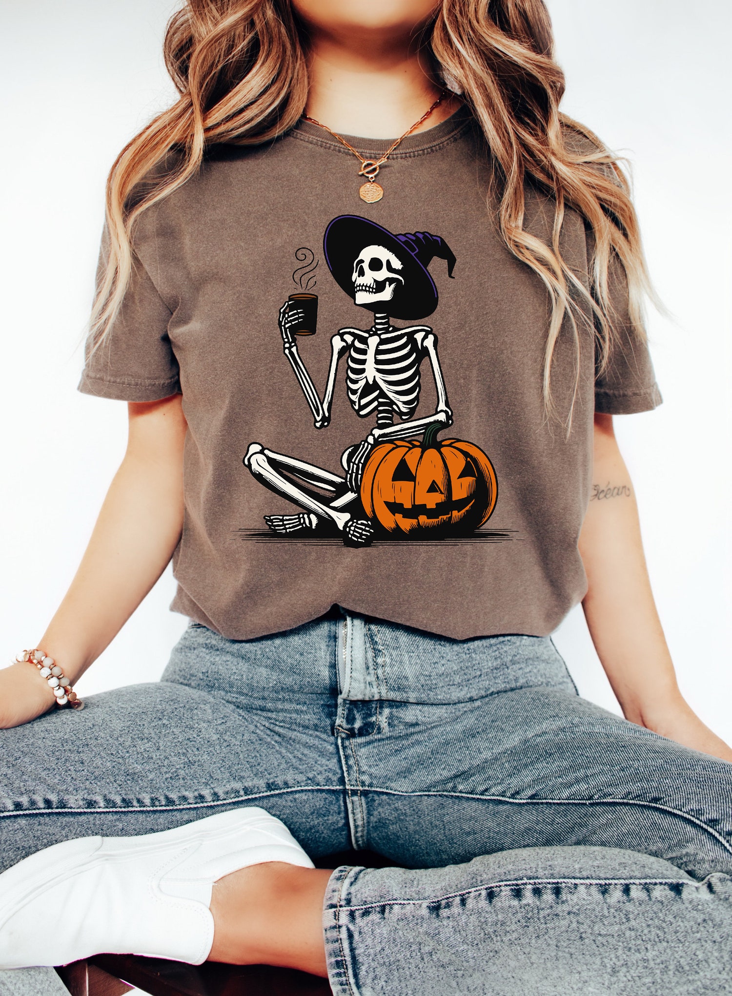 Comfort Colors Skeleton Pumpkin Shirt Fall Coffee Lover Tee Retro Halloween Womens Shirt image 5