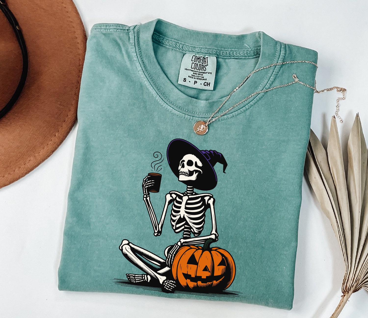 Comfort Colors Skeleton Pumpkin Shirt Fall Coffee Lover Tee Retro Halloween Womens Shirt image 6