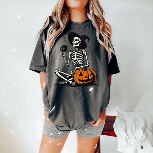 Comfort Colors Skeleton Pumpkin Shirt Fall Coffee Lover Tee Retro Halloween Womens Shirt image 0