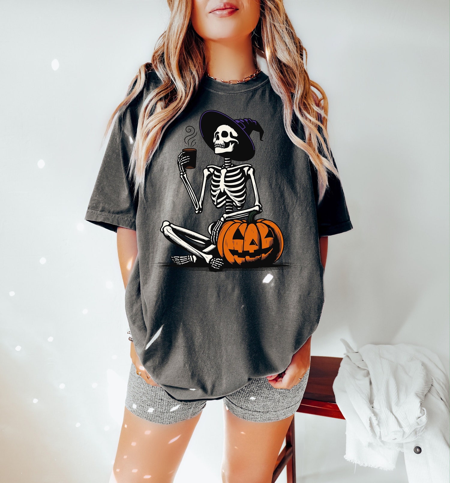 Comfort Colors Skeleton Pumpkin Shirt Fall Coffee Lover Tee Retro Halloween Womens Shirt image 0