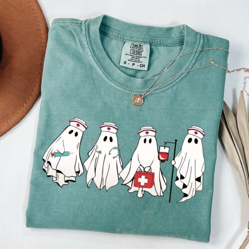 Comfort Colors Cute Ghost Nurse Halloween Shirt Spooky Nurse Gift Nurse Boo Crew Tee image 0