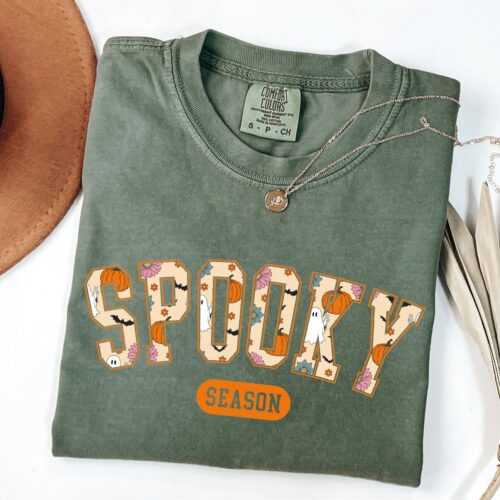 Retro Spooky Season Halloween Shirt Womens Boho Pumpkins Fall Vibes Tee image 0