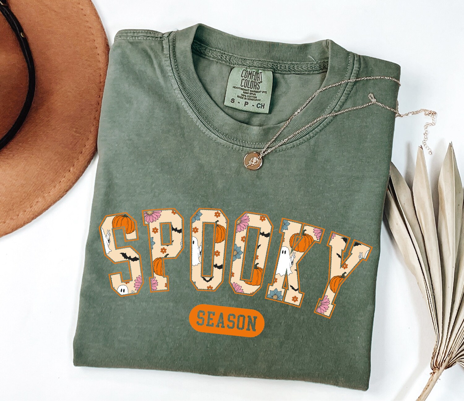 Retro Spooky Season Halloween Shirt Womens Boho Pumpkins Fall Vibes Tee image 0