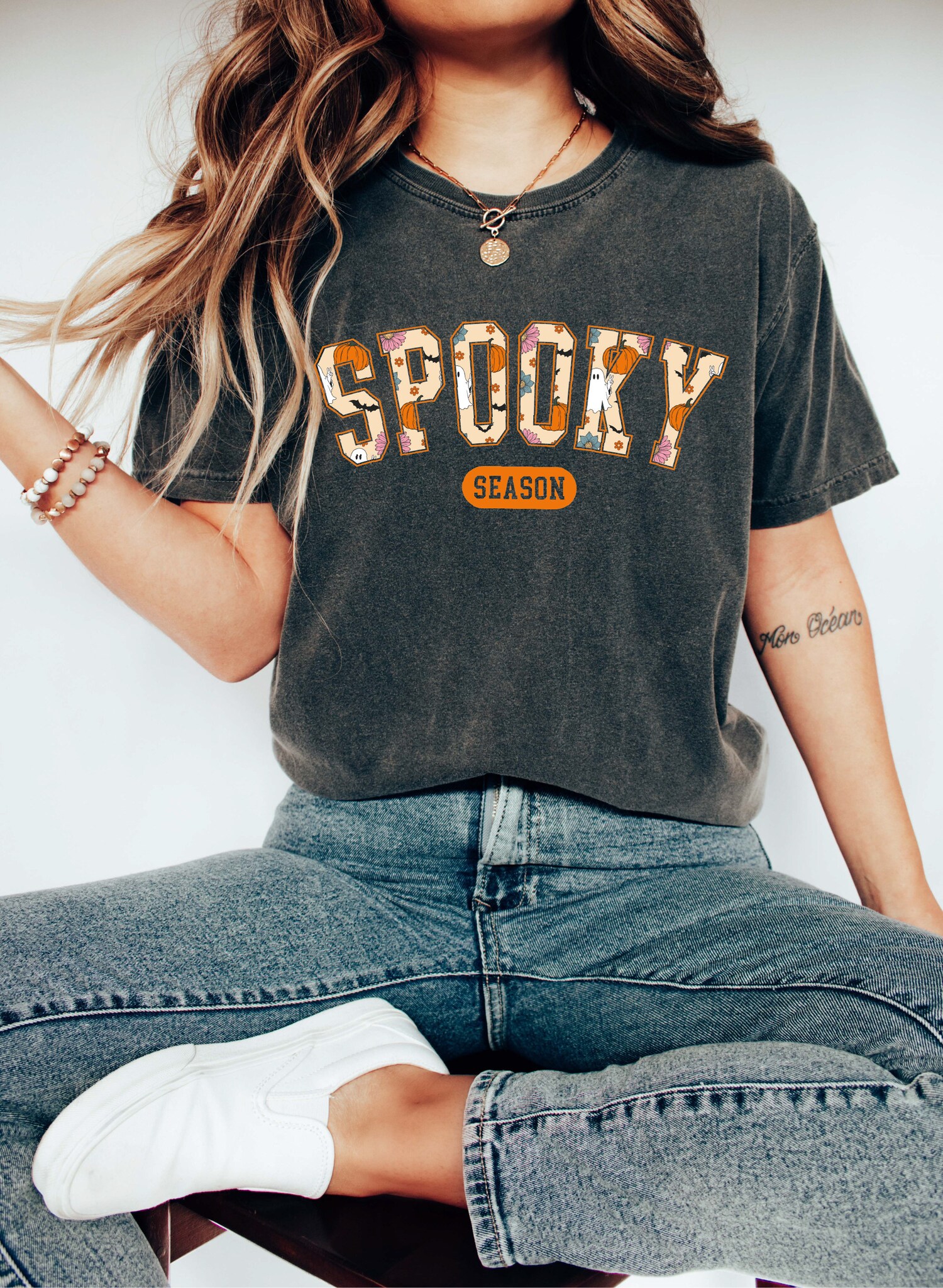 Retro Spooky Season Halloween Shirt Womens Boho Pumpkins Fall Vibes Tee image 1