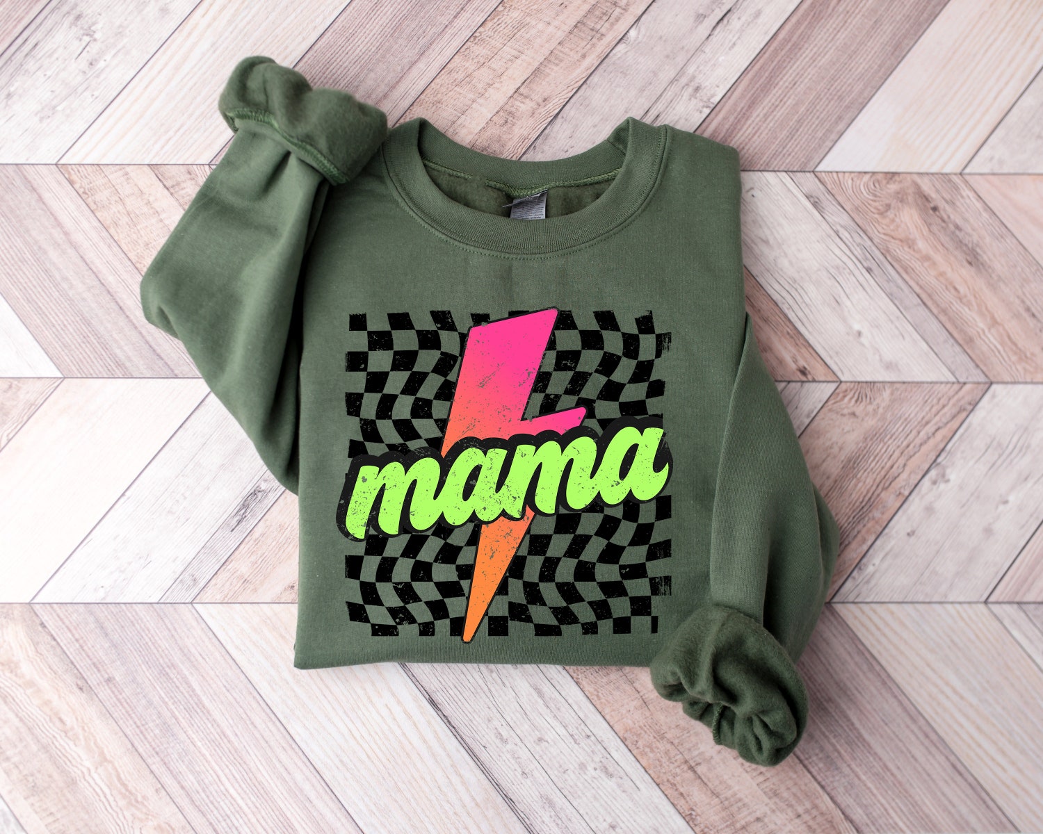 Neon Checkered Mama Shirt - Retro Lightning Bolt Mother's Day Gift - Funny Mom Tee image 3