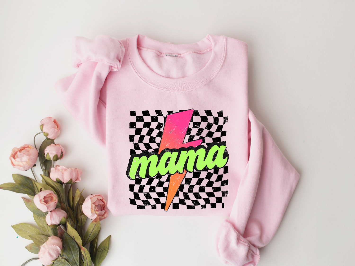 Neon Checkered Mama Shirt - Retro Lightning Bolt Mother's Day Gift - Funny Mom Tee image 2