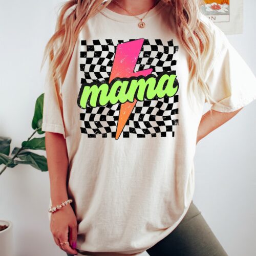 Neon Checkered Mama Shirt - Retro Lightning Bolt Mother's Day Gift - Funny Mom Tee image 0