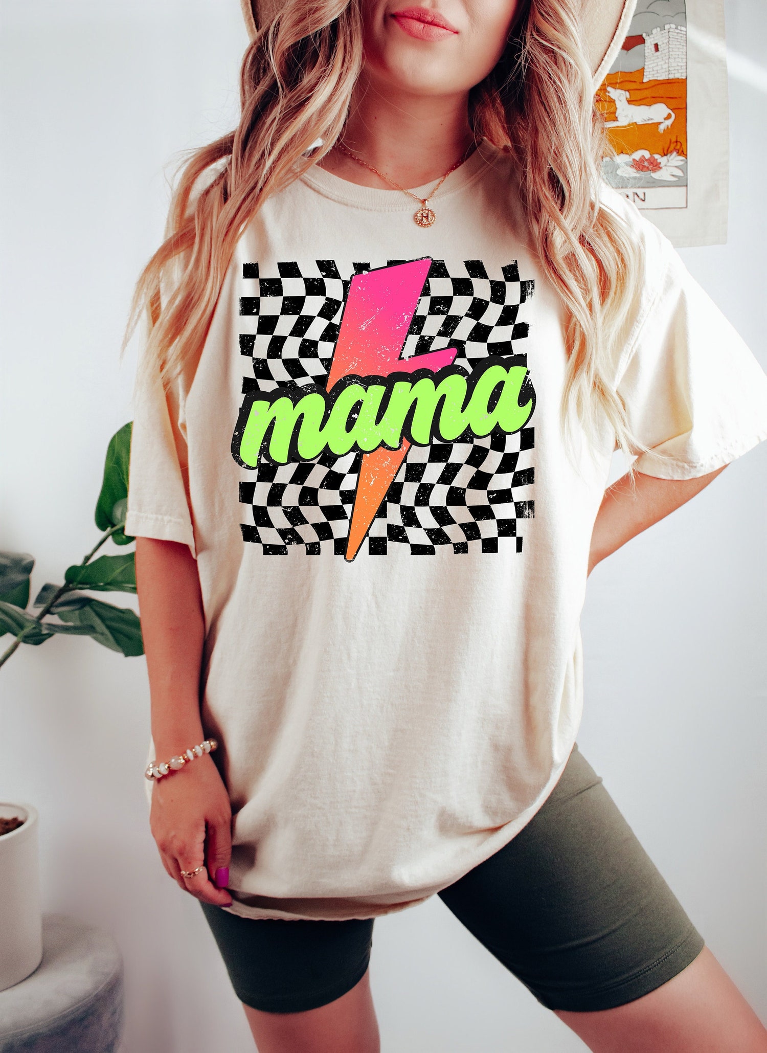 Neon Checkered Mama Shirt - Retro Lightning Bolt Mother's Day Gift - Funny Mom Tee image 0