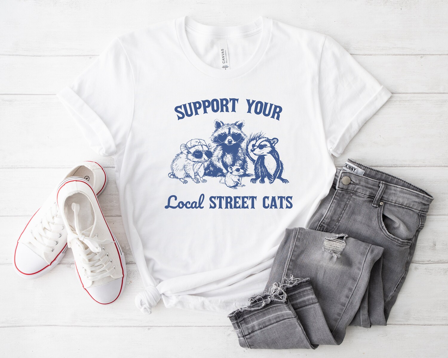 Support Your Local Street Cats Retro Graphic T-Shirt | Unisex Vintage Raccoon Nostalgia Tee image 2