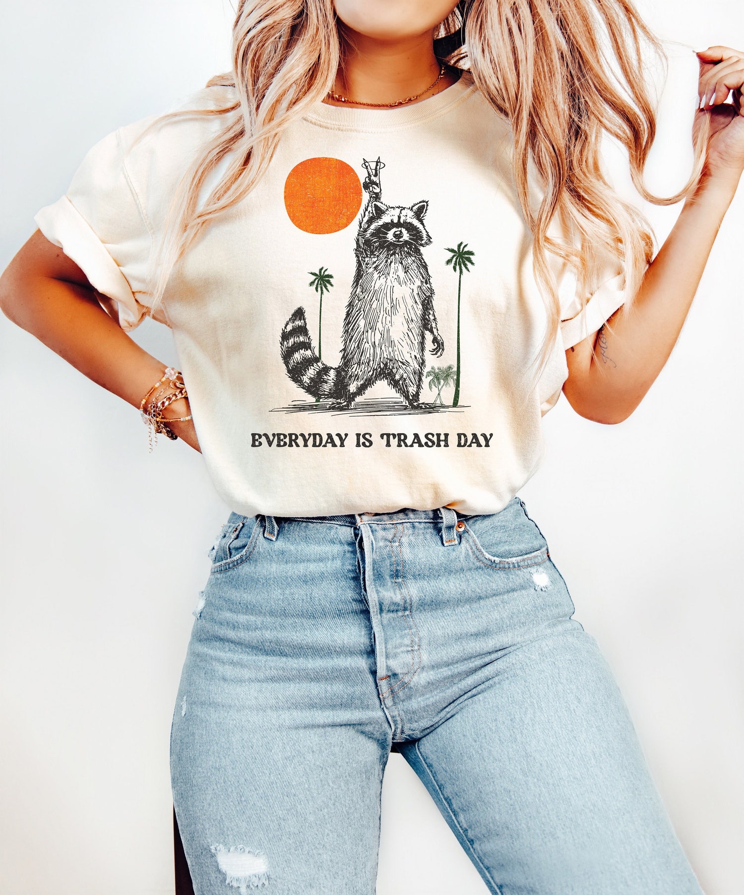 Funny Raccoon Meme Shirt - Retro Sunset Raccoon Tee - Distressed Style Trash Day T-Shirt image 0