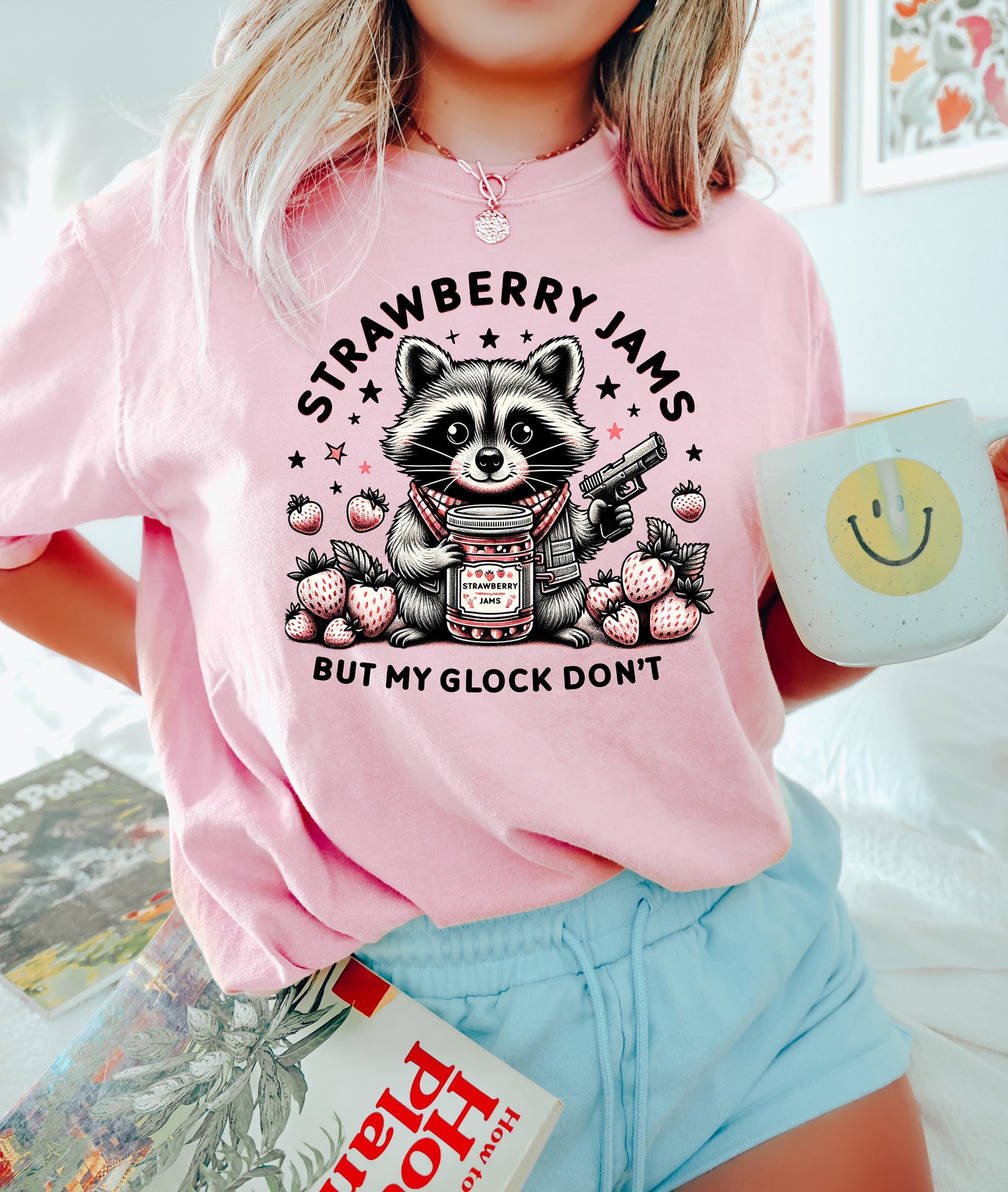 Strawberry Jams But My Glock Don't Raccoon T-Shirt Funny Meme Y2K Shirt Raccoon Lover Gift image 2