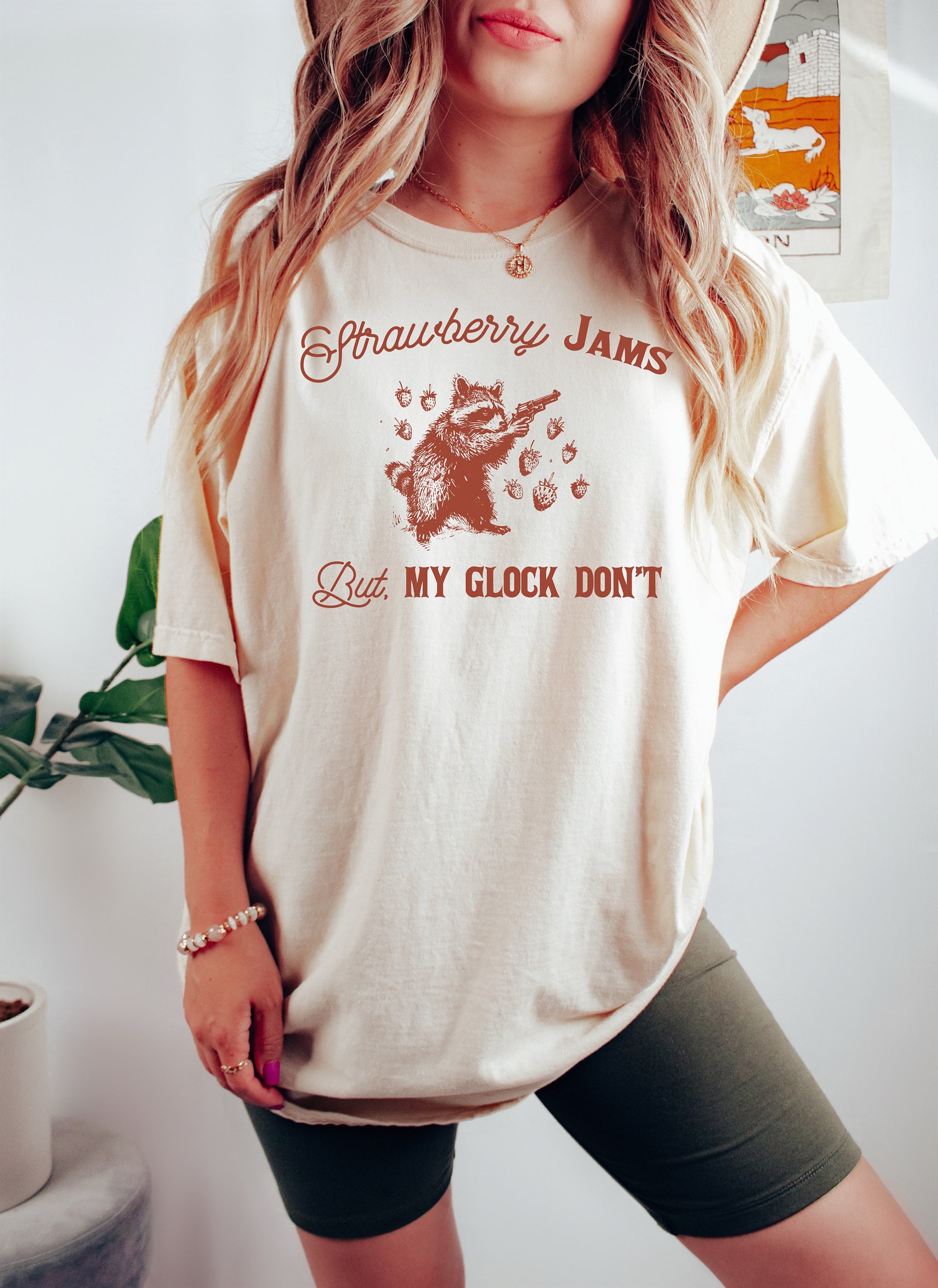 Strawberry Jams But My Glock Do Not Vintage T-Shirt Retro 90s Raccoon Tee Funny Unisex Cowboy Shirt image 2