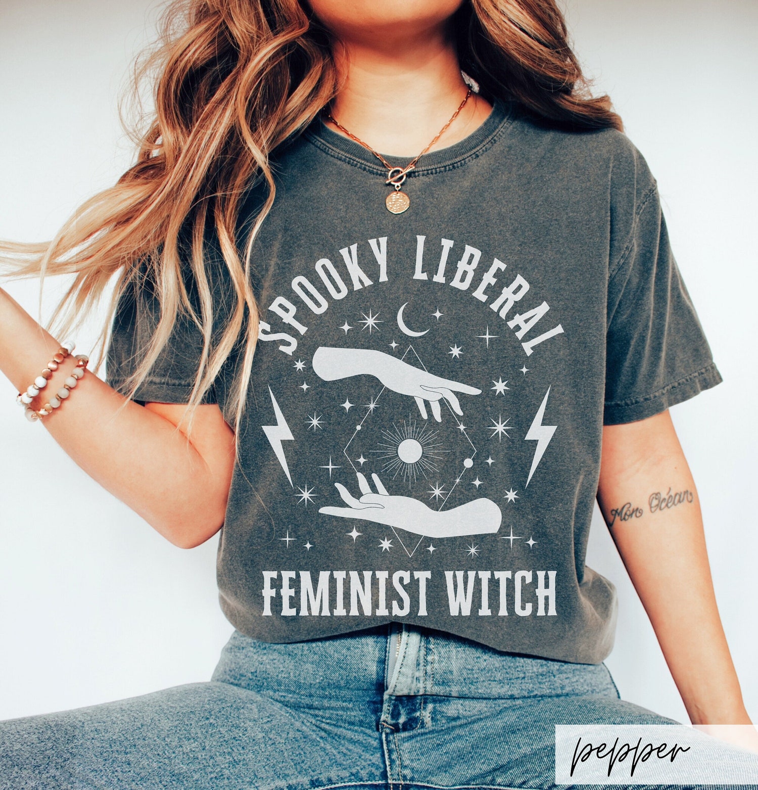 Comfort Colors Feminist Witch Shirt Autumn Celestial Owl Goddess Whimsigoth Fall Gift Idea image 0