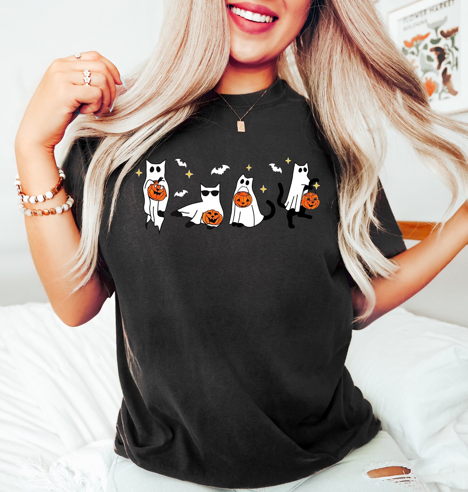 Halloween Black Cat Sweatshirt - Spooky Cat Lover Shirt - 2024 Halloween Ghost Shirt image 3