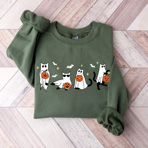 Halloween Black Cat Sweatshirt - Spooky Cat Lover Shirt - 2024 Halloween Ghost Shirt image 0