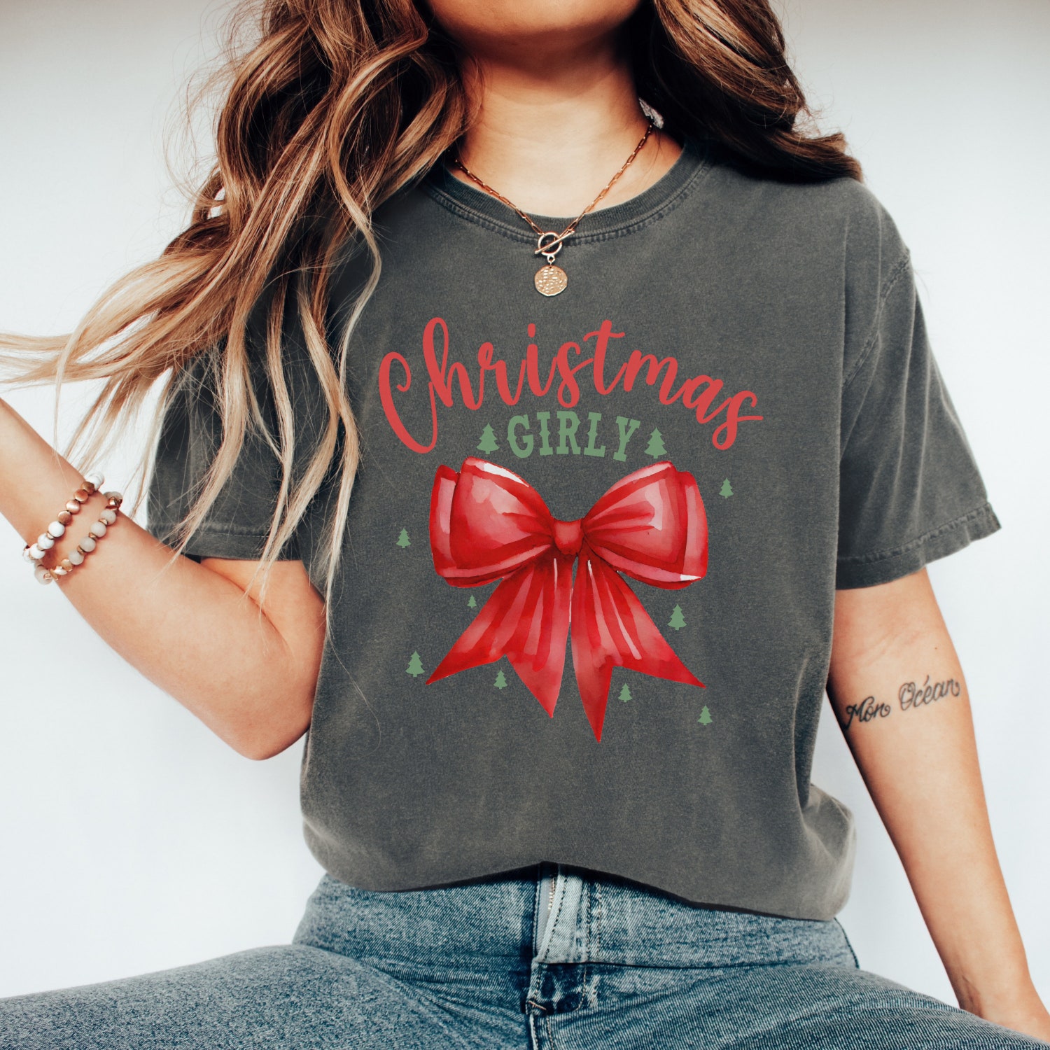 Christmas Tree Bow Shirt | Girly Aesthetic Holiday Tee | Cute Xmas Gift image 1