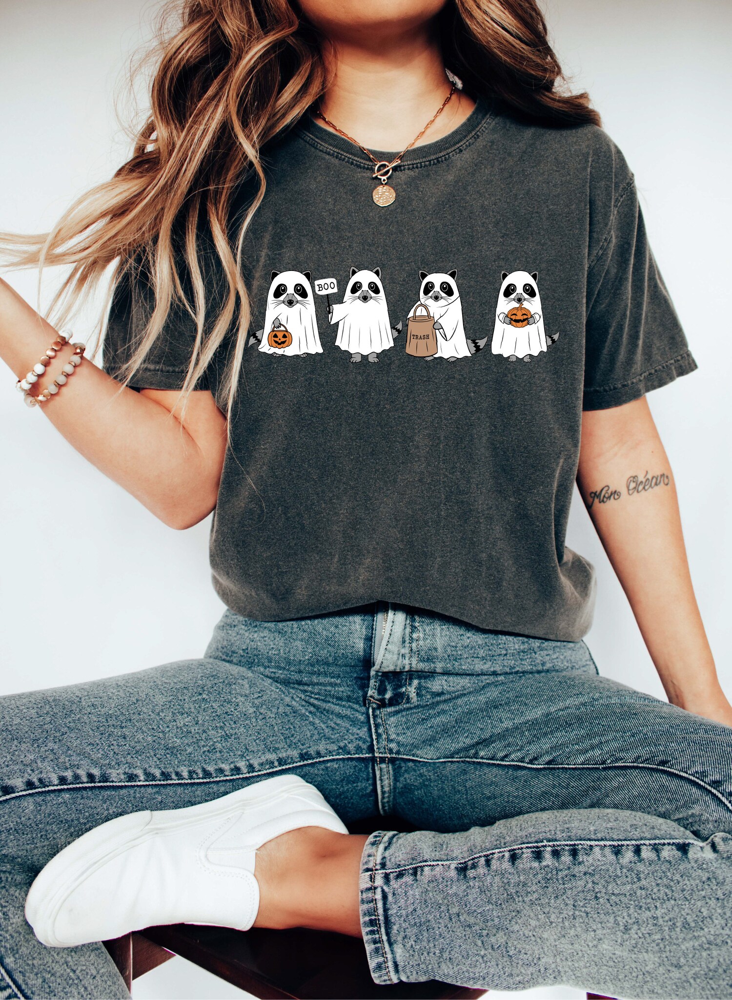 Ghost Raccoon Halloween Shirt Retro Cute Raccoon Tee Spooky Season image 2