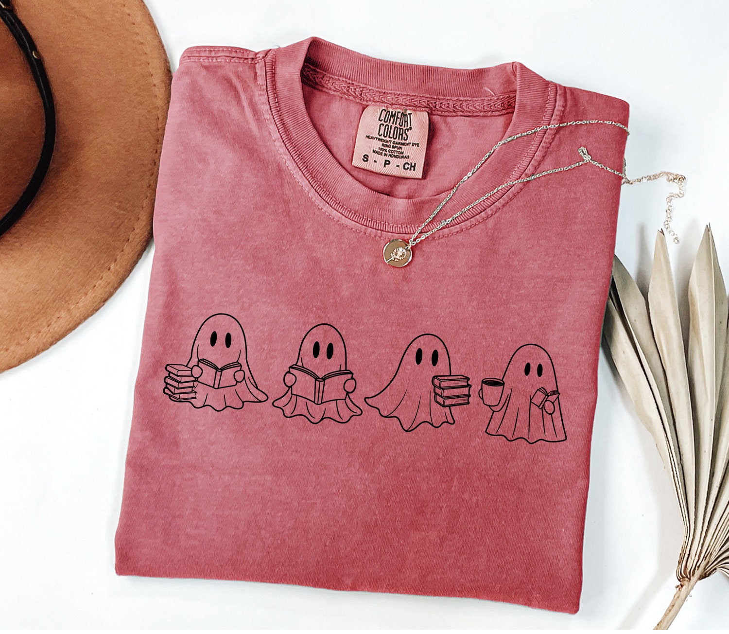 Cute Ghost Reading Books Shirt for Women Halloween Book Lover Spooky Season Top image 5