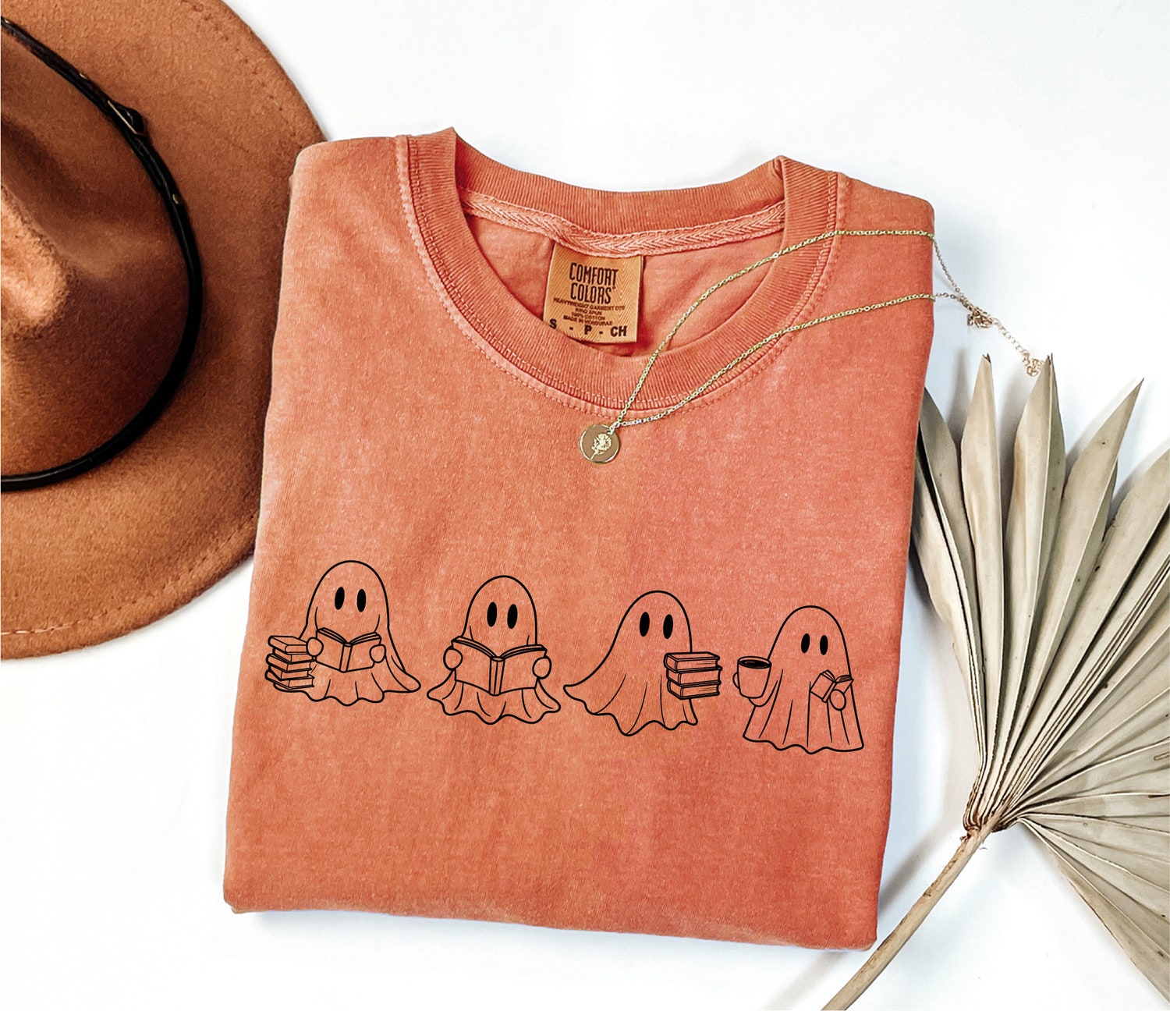 Cute Ghost Reading Books Shirt for Women Halloween Book Lover Spooky Season Top image 0