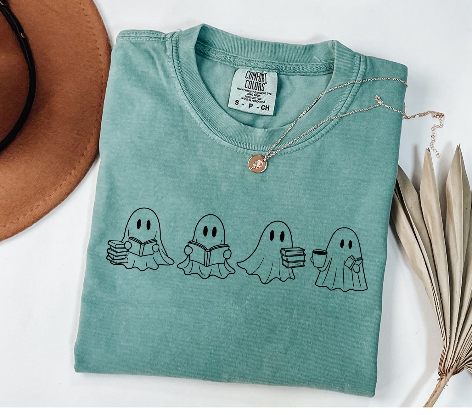 Cute Ghost Reading Books Shirt for Women Halloween Book Lover Spooky Season Top image 6