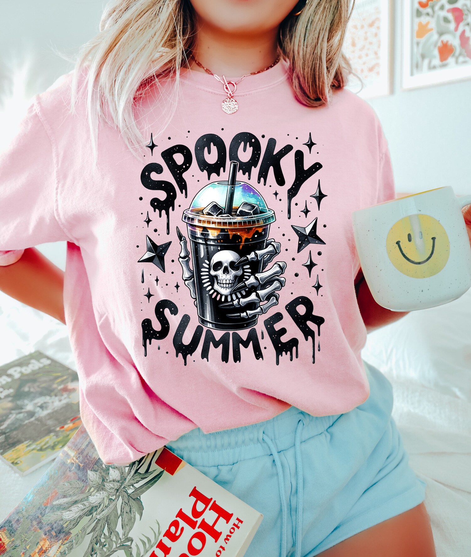 Spooky Summer Skeleton Shirt | Trendy Coffee Lover Tee | Summer Vibes Skeleton Hand Shirt image 3