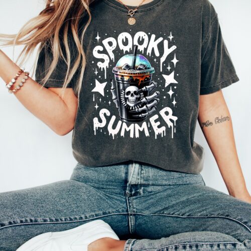 Spooky Summer Skeleton Shirt | Trendy Coffee Lover Tee | Summer Vibes Skeleton Hand Shirt image 0