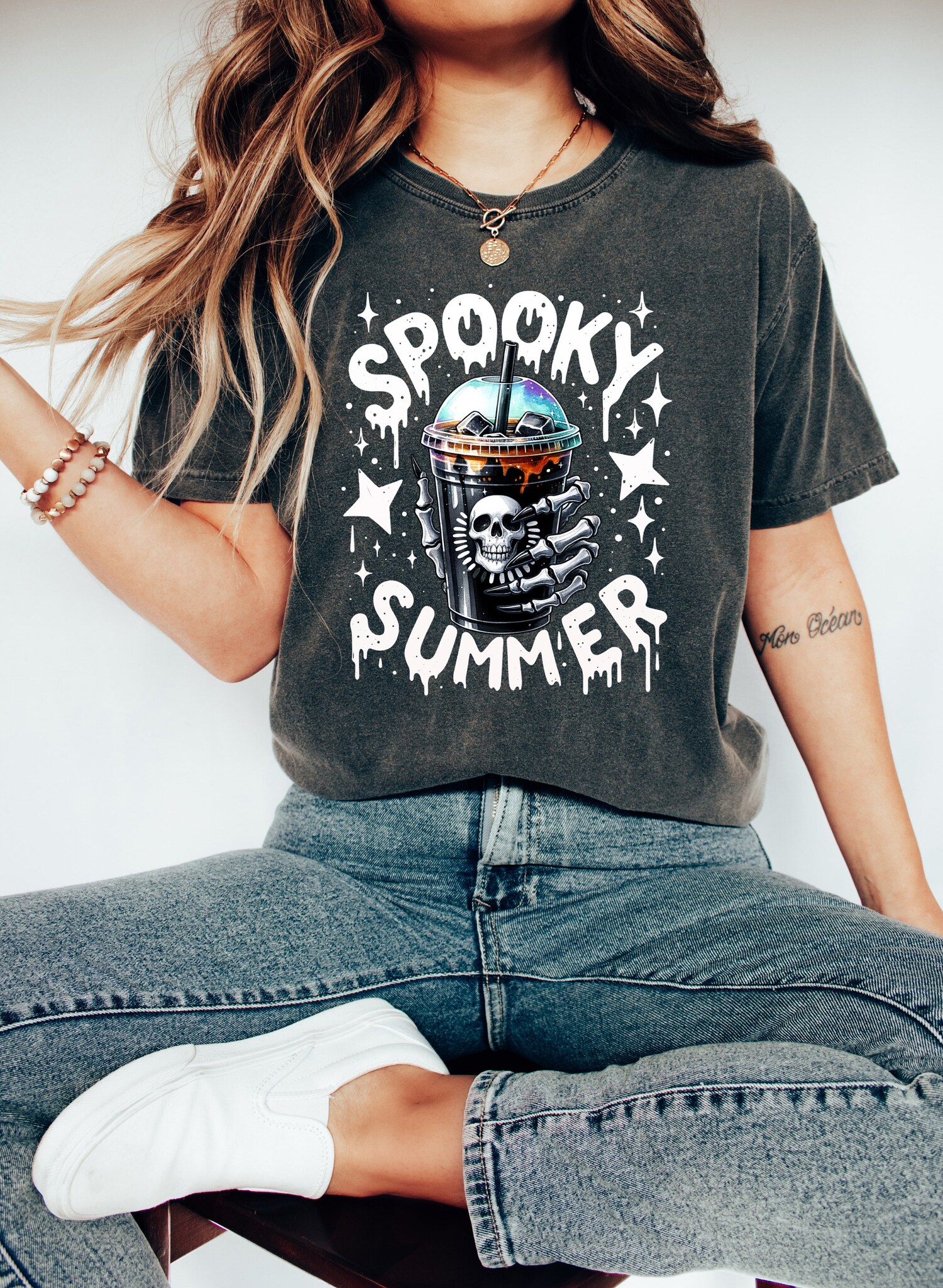 Spooky Summer Skeleton Shirt | Trendy Coffee Lover Tee | Summer Vibes Skeleton Hand Shirt image 0