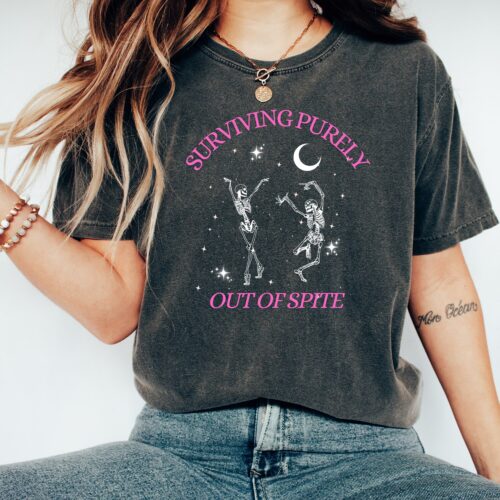 Surviving Purely out of Spite Funny Goth Celestial Skeleton Bats T-Shirt Gothic Boho Gift Tee image 0