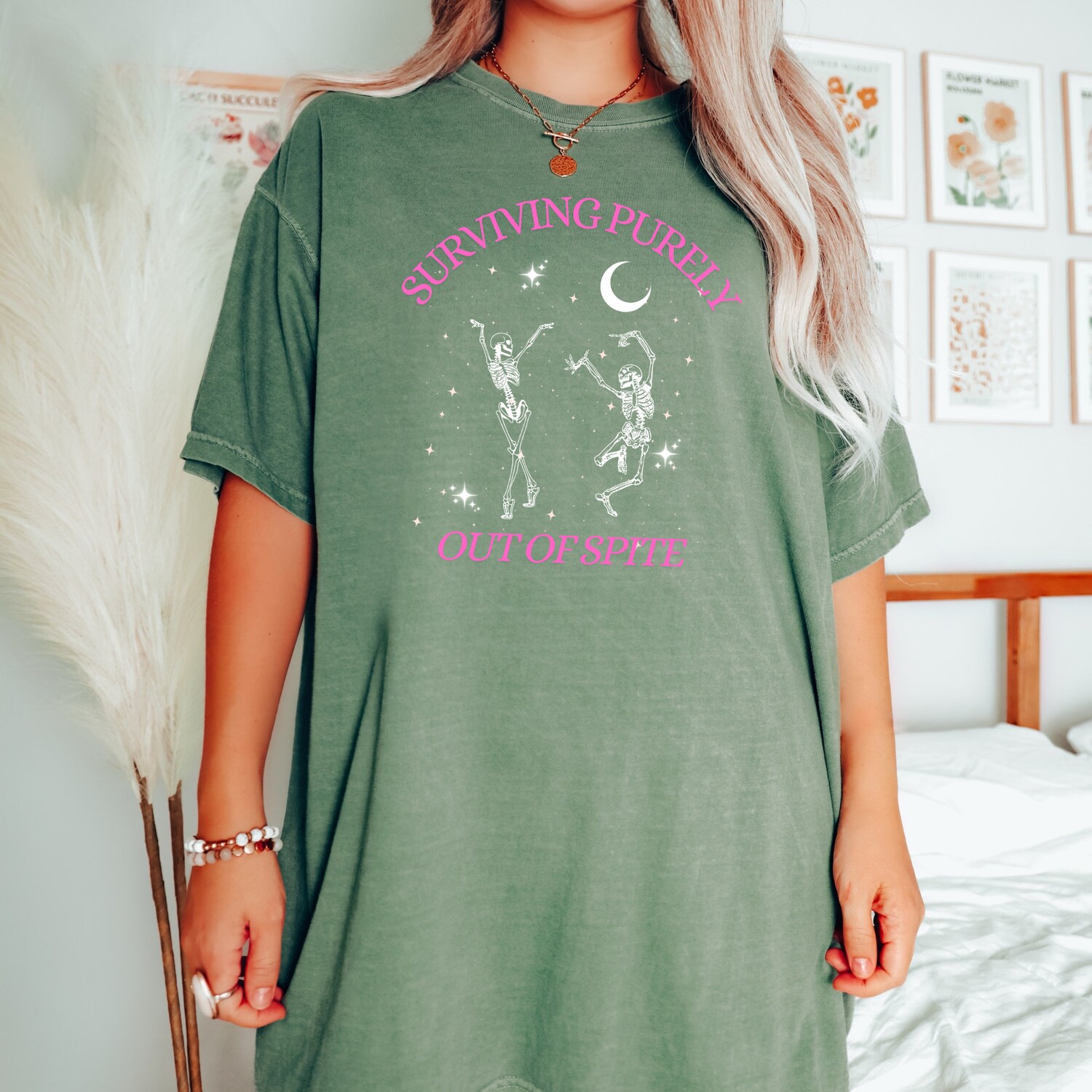 Surviving Purely out of Spite Funny Goth Celestial Skeleton Bats T-Shirt Gothic Boho Gift Tee image 2