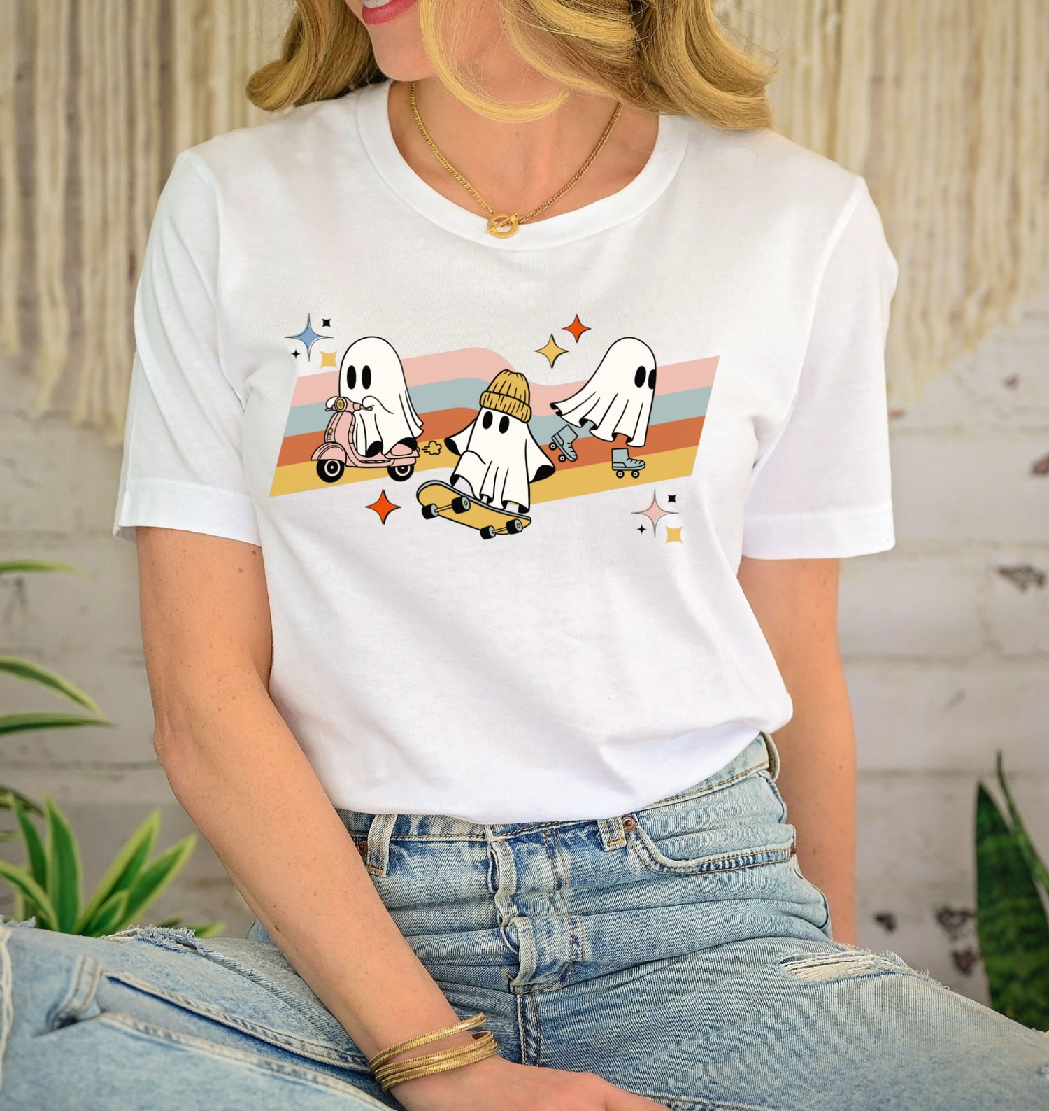 Cute Halloween Ghosts on Scooter Roller Blades & Skateboard Shirt Halloween Gift Tee image 1